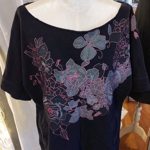 Black Floral Top Womens Off-Shoulder Blouse by Kimchi & Blue 100% Cotton Size L